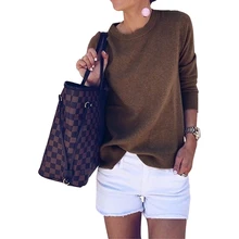 Весенняя, осенняя, зимняя одежда, футболка, коричневая, футболка, повседневная, свободная, длинный рукав, о-образный вырез, топы, женская одежда, вязаные футболки, уличная одежда