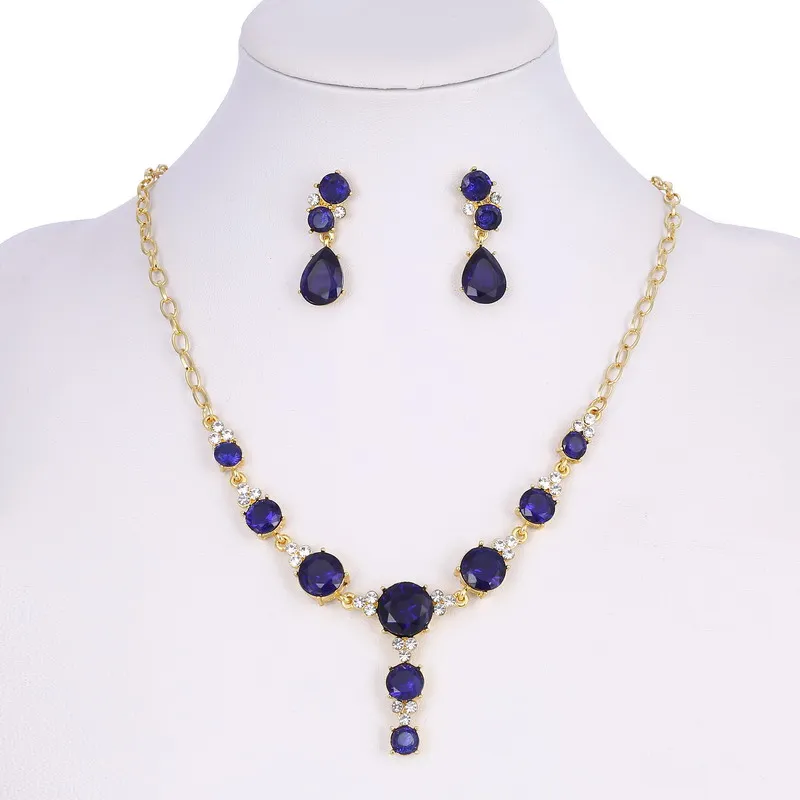 Trendy Selling Navy Blue Bead Crystal Jewelry Set For Lady New Year Party Jewelry Golden Plated