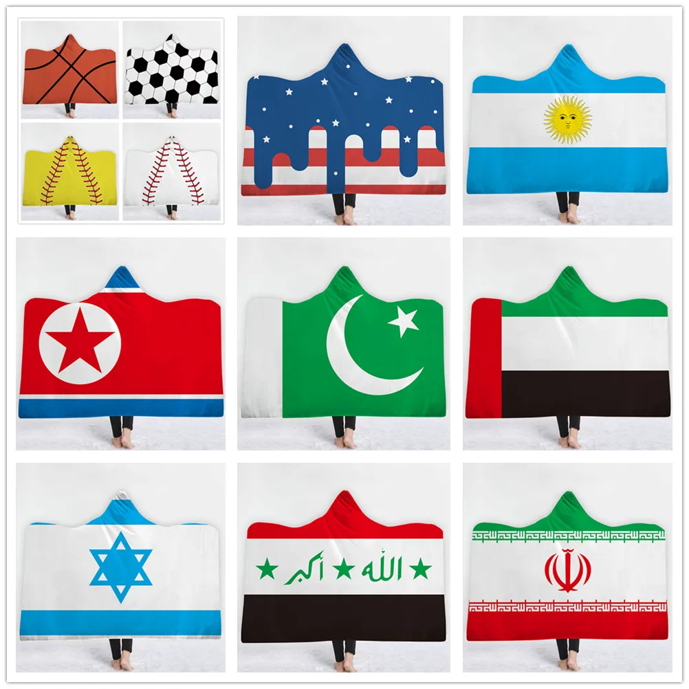 

35 Styles Flag US America United Kingdom Russia Brazil France 3D Printed Hooded Blanket for Beds Wearable Fleece Throw Blankets