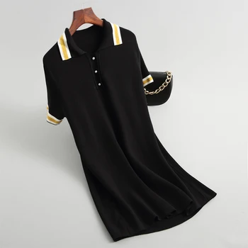 

Spring Women's Dress Casual Solid Color Lapel Short Sleeve Knit Dress