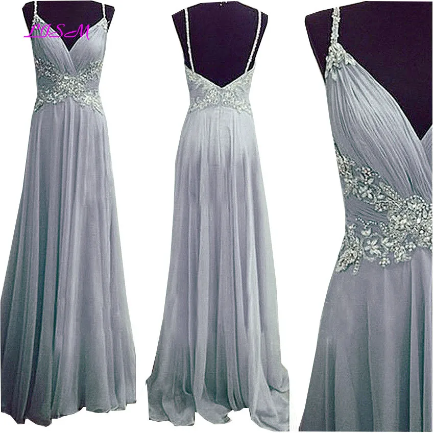 A Line V-Neck Long Chiffon Evening Dress Spaghetti Straps Ruffled Beaded Prom Gowns Sexy Backless Floor Length Formal Dresses