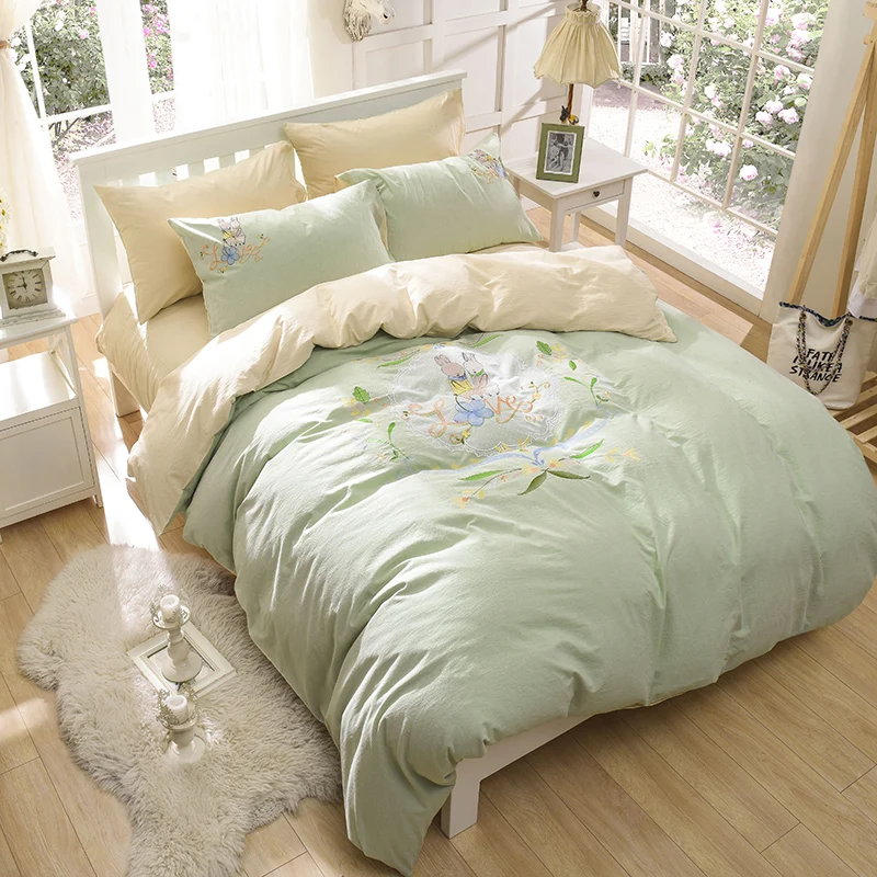 

2017 luxury washed cotton white rabit Embroidery cartoon bedding set duvet cover set bedclothes bed sheet set