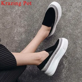 

2019 kid suede mixed colors thick high bottom increased slip on shallow vulcanized shoes wedges simple style casual shoes L8f1