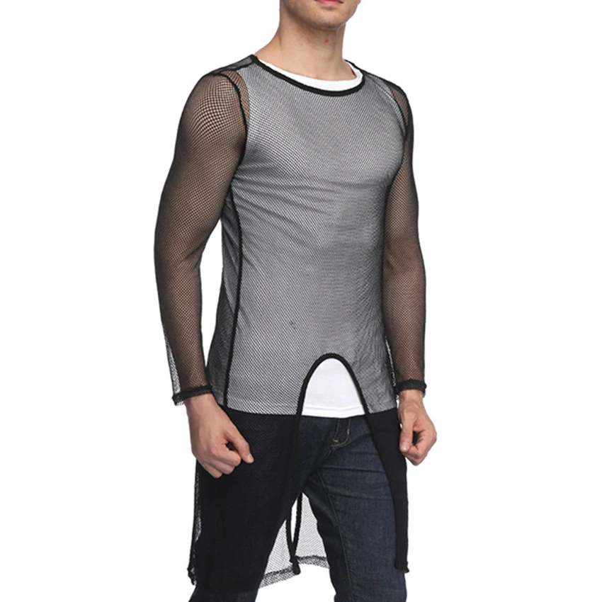 Men's Irregular Split Hem Perspective Long Sleeve Tshirt Summer Cool Men Clothes Tee Shirt Fashion Solid Streetwear Hip Hop | Мужская