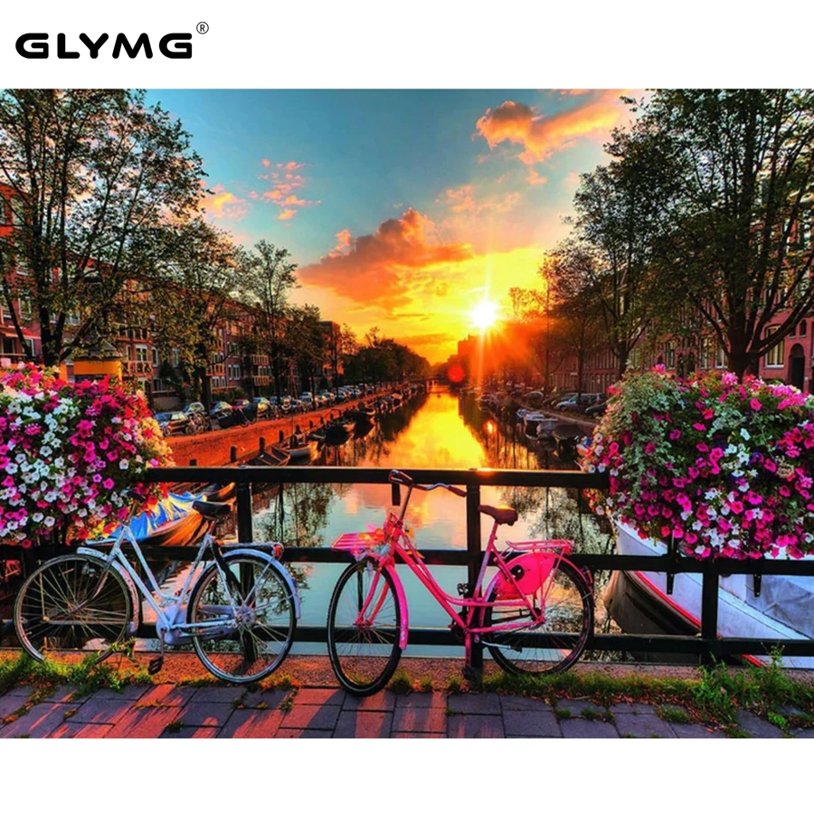 GLymg Diamond Painting Cross Stitch Full Drill Sunset Scenery Bike Paint With Diamonds Rhinestones Embroidery Mosaic Home Decor