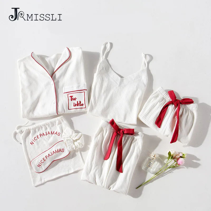 

JRMISSLI Autumn 7 Pieces Set White 100% Cotton Women Pajamas Suits Long Sleeve Top Elastic Waist Pants Lounge Pijamas