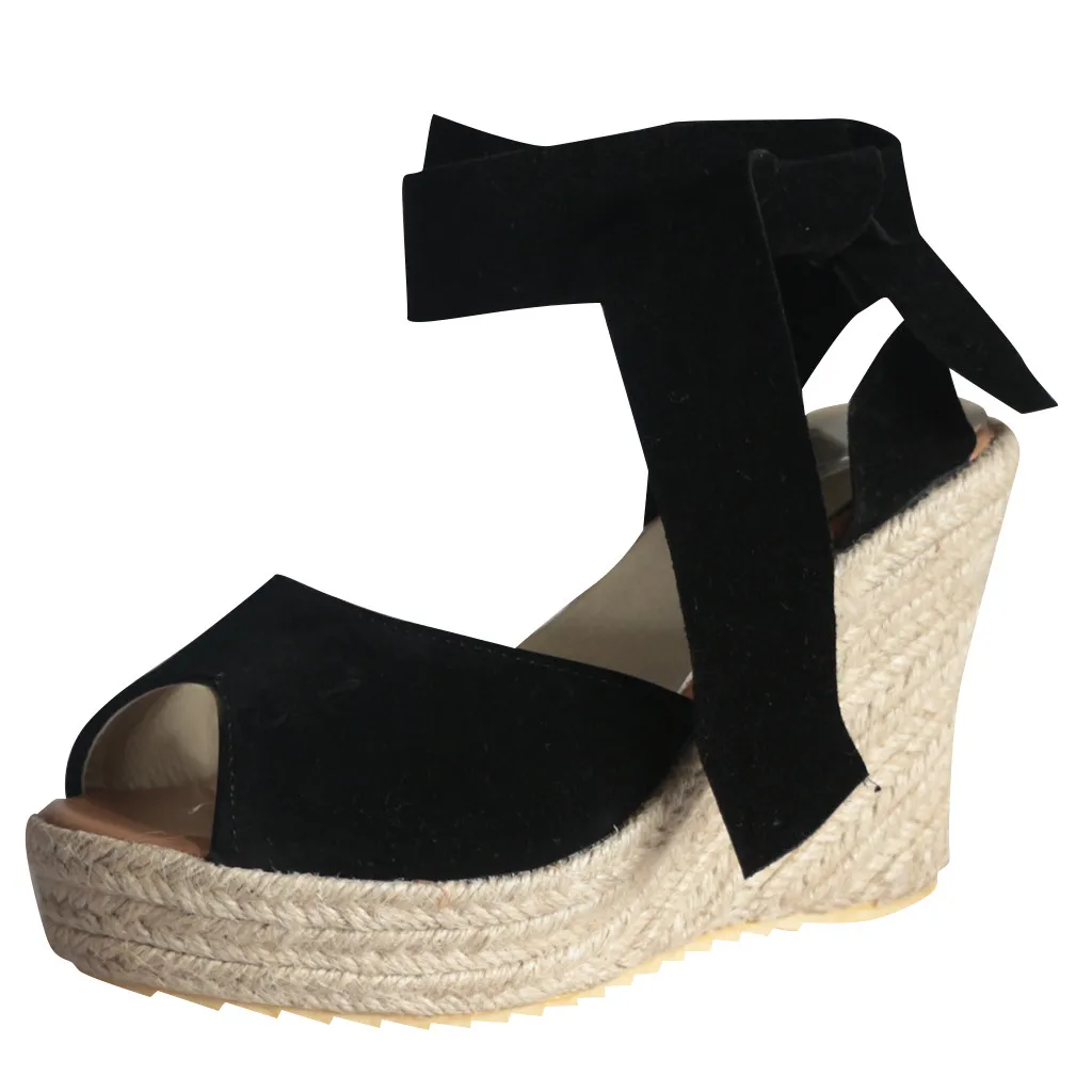 Стильные босоножки; женские модные туфли на танкетке с открытым носком; пляжная обувь на шнуровке на толстой подошве; сандалии в римском стиле; ; sandalen - Цвет: Черный