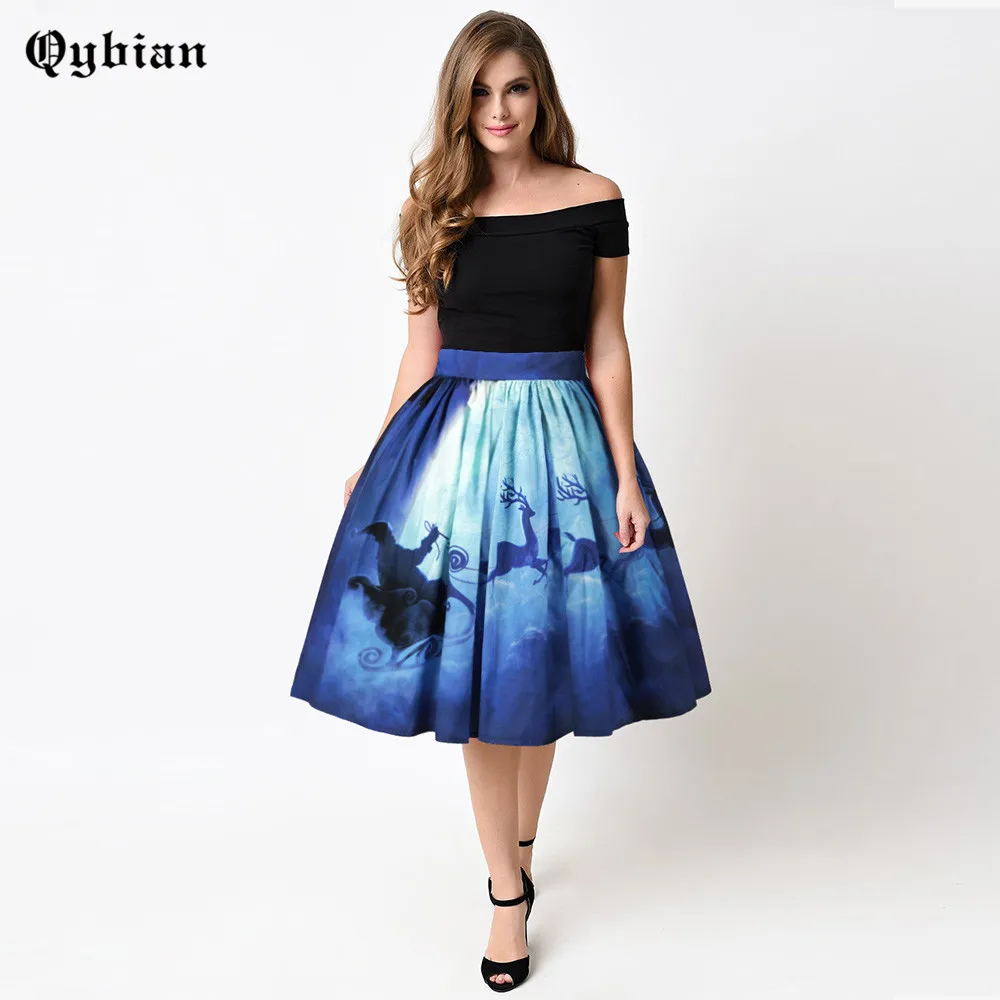 Qybian 3D печать Рождество юбки Для женщин эластичный пояс Повседневное Emprie плиссированные юбки для дам Дизайн модная юбка-пачка