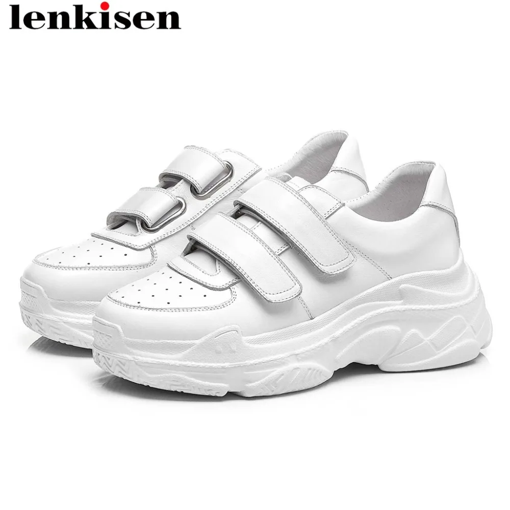 

2019 popular hook&loop design classic white sneakers full grain leather round toe thick bottom breathable vulcanized shoes L8f6