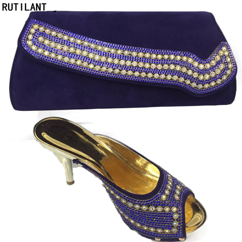 

New Arrival Blue Color Italian Ladies Shoes and Bags To Match Set Decorated with Rhinestone Nigerian Party Shoes and Bag Sets