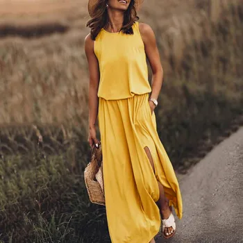 

MUQGEW Summer Maxi Dress Soild Color o-neck Sleeveless dress woman casual Linen dress summer spring clothes dresses