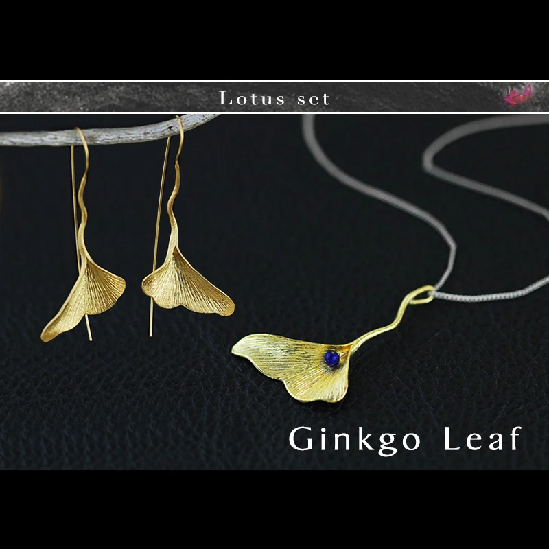 

Lotus Fun Real 925 Sterling Silver Natural Handmade Fine Jewelry Ginkgo Leaf Jewelry Set with Drop Earring Pendant Necklace