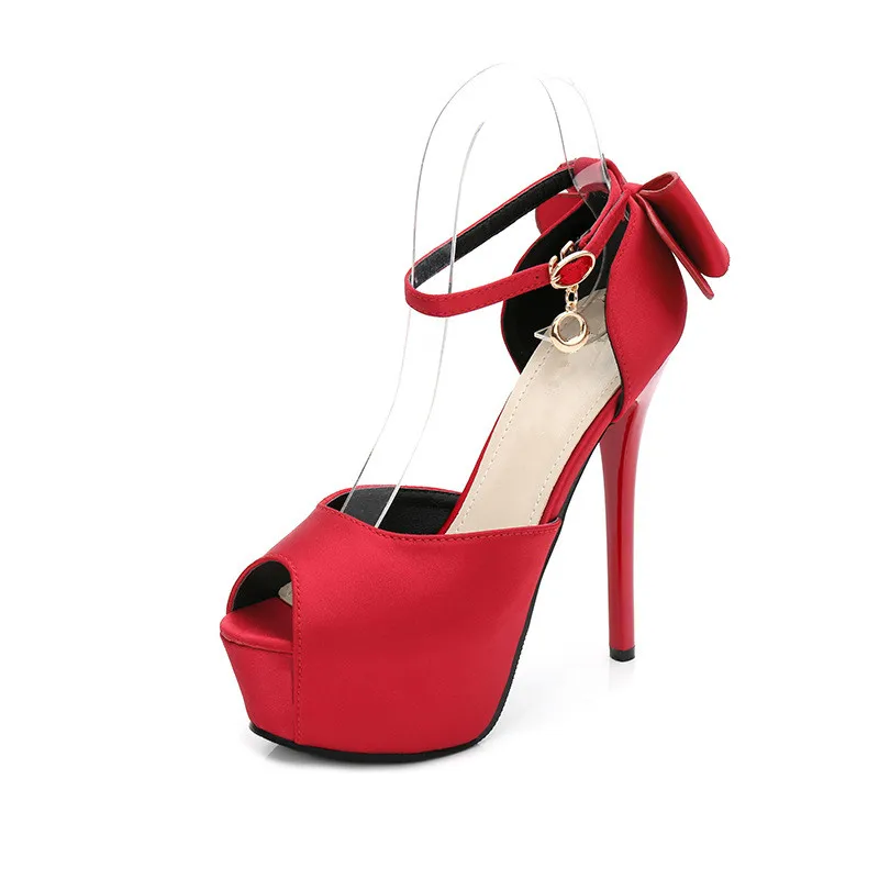 Новые пикантные туфли-лодочки женские летние босоножки с открытым носком шелковая обувь на платформе 4 см, с ремешком и пряжкой, на высоком каблуке, для свадебной вечеринки, женская обувь с бантом - Цвет: 14cm red