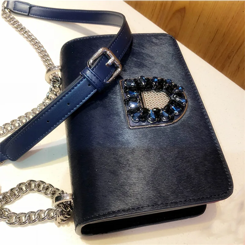 

High-grade Women Dark Blue Horse Hair Handbags Genuine Leather Diamonds Chains Hand Bag Shoulder Messenger Crossbody Mini Bags