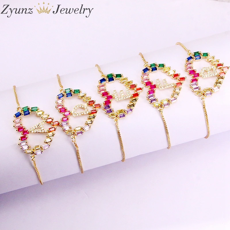10 шт., Радужный фианит золотистого цвета, регулируемая цепочка, микро кубический цирконий, шарм, много букв в форме слуха, браслет для женщин, ювелирные изделия