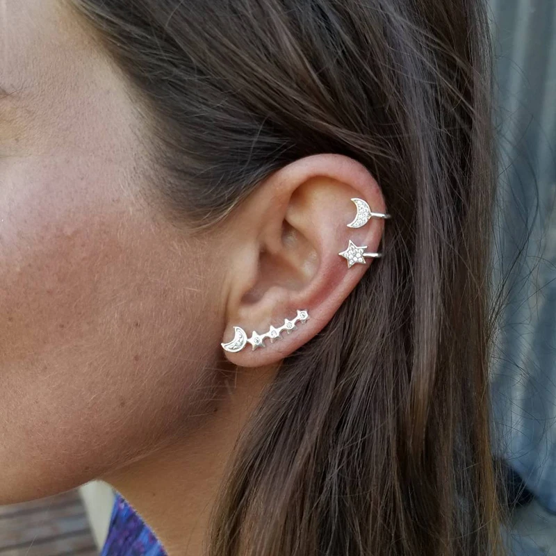 

3Pcs European Earrrings Set Bohemian Moon Star Crystal Studs Earring Set Piercing Ear Jewelry Clip-on Earrings for Women E331