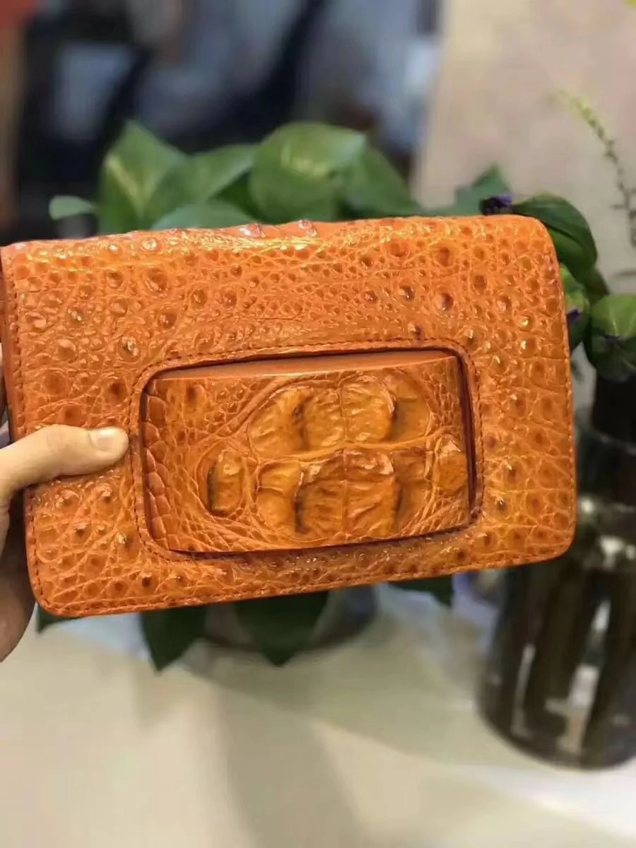 2018 100 genuine crocodile leather head part skin long size women cluch with hand holder free