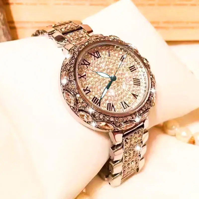 Новое поступление серебряные часы с яркими украшениями Bling для женщин Римский номер из нержавеющей стали аналоговые кварцевые наручные часы женские Роскошные наручные часы с бриллиантами