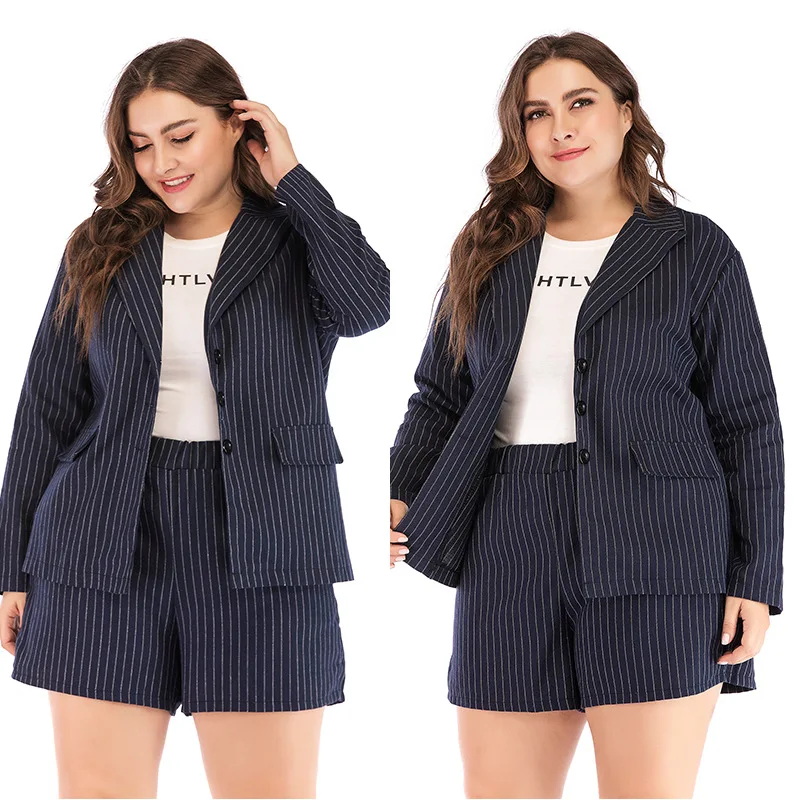 

New Plus Size Lady Office Short Suits Striped Pattern OL Sets Spring/Autumn Lapels Button Blazers+Shorts Overweight 2 Pieces