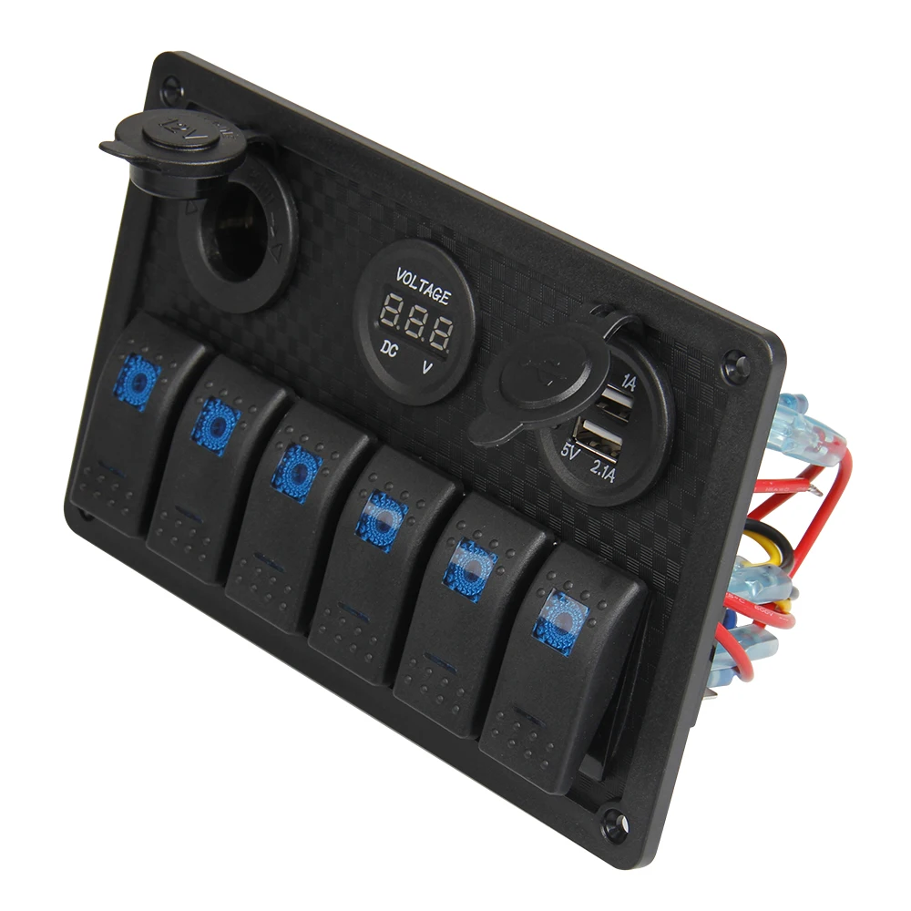 

USB Charging 12V 24V 6 Gang Rocker Switch Panel Waterproof Circuit Blue LED Car Marine Boat Control Switch Breaker