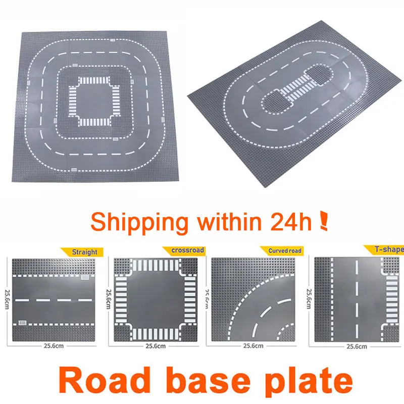 

City Road Baseplate Straight Crossroad Street View Road Base plate Building Blocks Compatible LegoINGlys City Bricks Toys