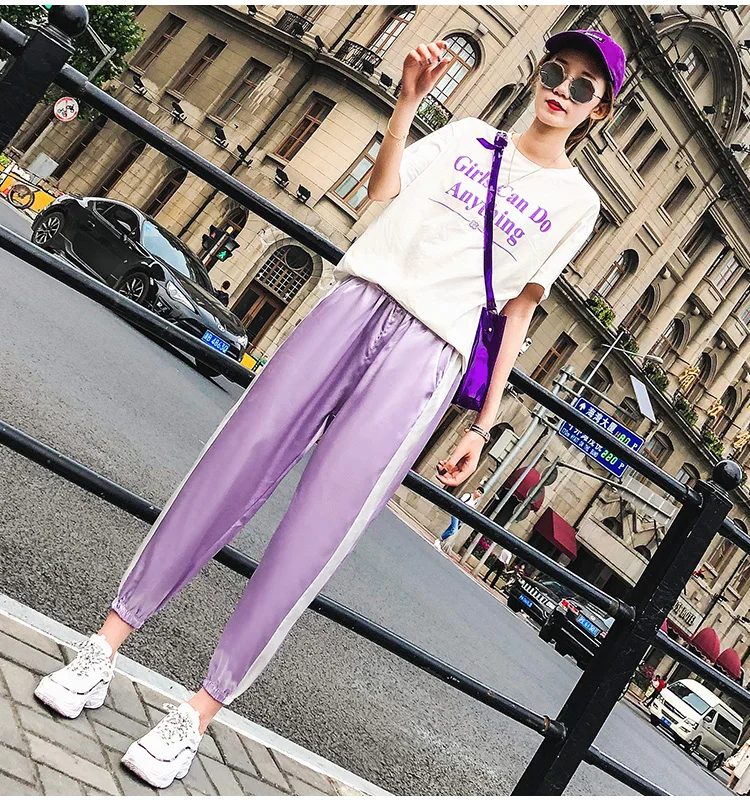 Arfreeker Harajuku Хип Хоп карго блестящие штаны для женщин уличный стиль Pantalon Femme Высокая талия Jogger Sweatpant розовый фиолетовый брюки