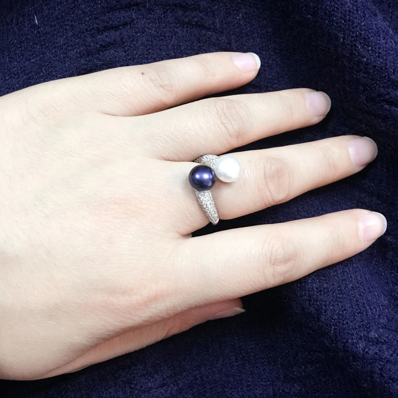Настоящее 925 пробы Серебряное кольцо с двойным жемчугом для женщин, подарок для дочери, свадебное кольцо с черным жемчугом
