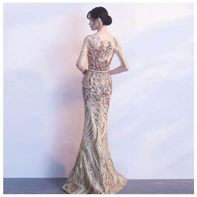 Золотое китайское сексуальное платье-Русалка с блестками, восточные вечерние женские платья-Ципао для выступлений на сцене, элегантные платья для банкетов знаменитостей