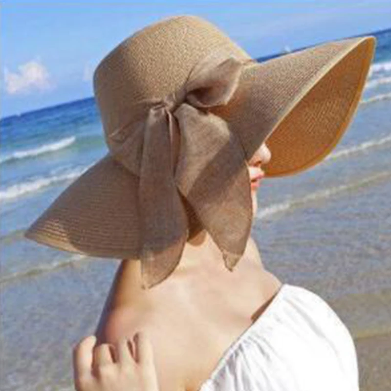 Летняя женская шляпа, складная дышащая женская шляпа, Ete, с волнистыми полями, солнцезащитная Кепка, универсальная, с бантом, милая шляпа от солнца