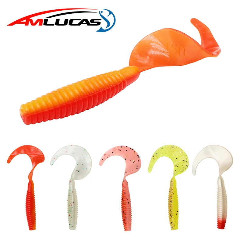 

Amlucas 10pcs/lot Flexible Curly Tail soft plastic lures 75mm 3.3g silicone fishing lures Simulation Worm fishing gear WE129