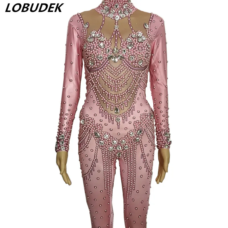 

Sparkly Crystals Pearls Jumpsuit Pink Rhinestones Elastic Bodysuit Female Costume Birthday Party Outfit Bar Singer Stage outfit
