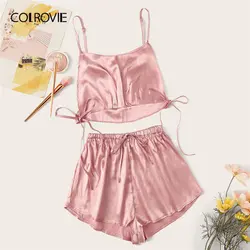 COLROVIE розовый узел деталь Атлас Cami Top с шорты для женщин пикантные пижамный комплект для лето 2019 г. Дамы одноцветная одежда для сна женский