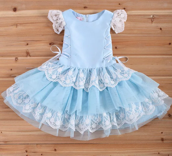 Cute baby girl one piece blue dress kids summer short sleeve dress children princess lace