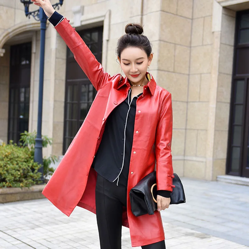 

Genuine Leather Overcoat Women Designer Elegant Slim Fit Single Breasted Sheepskin Long Coat Jacket High Quality Red Black M-2XL