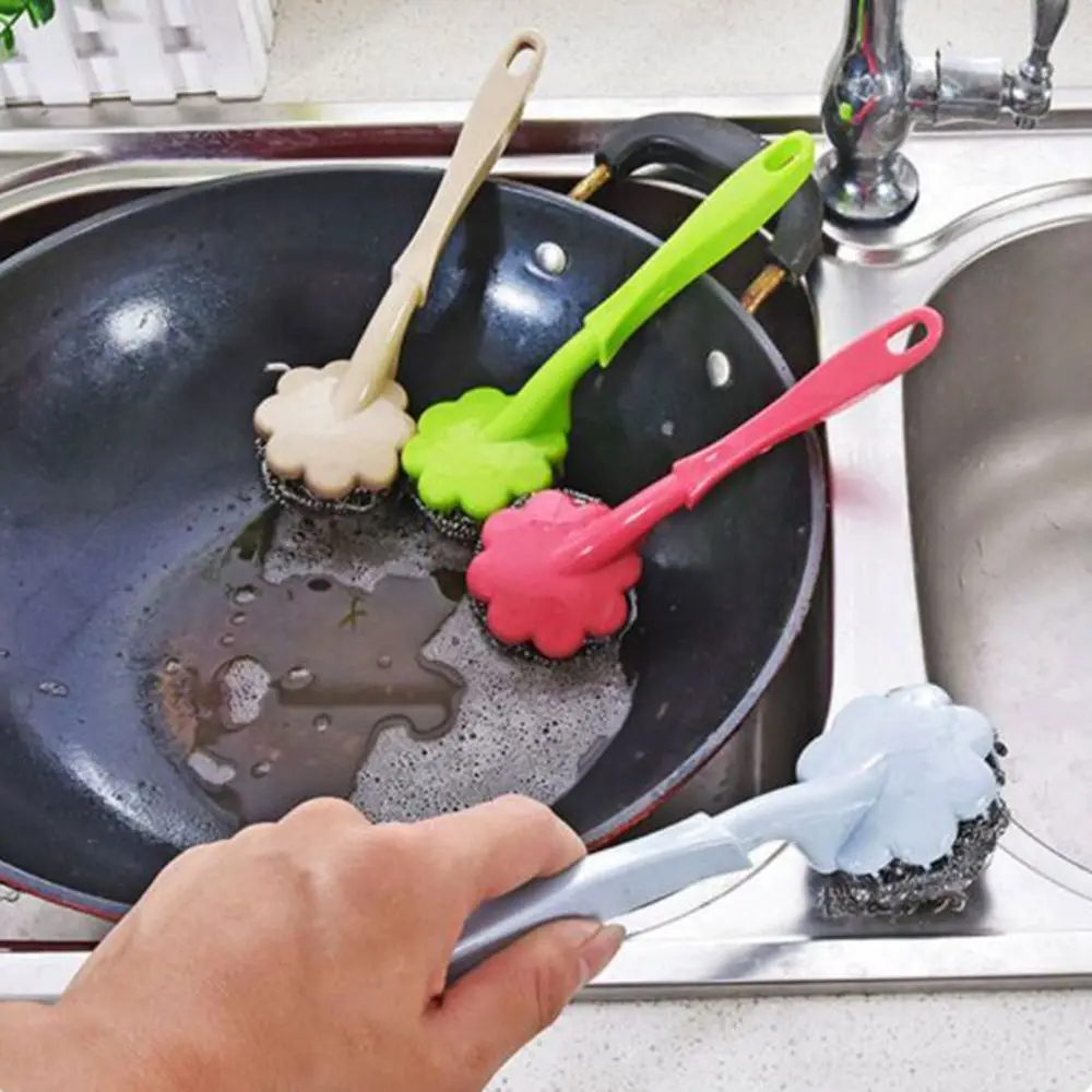 

New Utility Stainless Steel Wire Ball Brush with Long Handle Cleaning Brush For Kitchen Hanging Strong Cleaning Tools Hot Sale