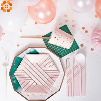 

1Set Green Ink Disposable Tableware Pink Gilding Paper Plates/Napkin Table Decor For Wedding Birthday Party Tableware Supplies
