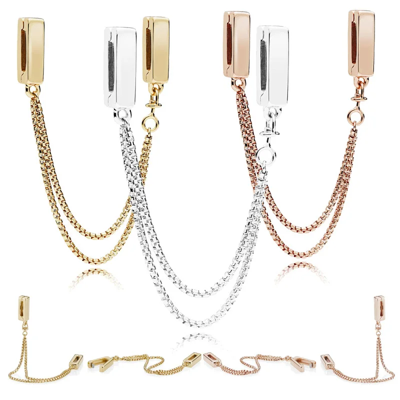 

Marfend Real 925 Sterling Silver Reflexions Floating Chains Safety Chain, Rose Golden fit Original Marfend Bracelet Bead Jewelry