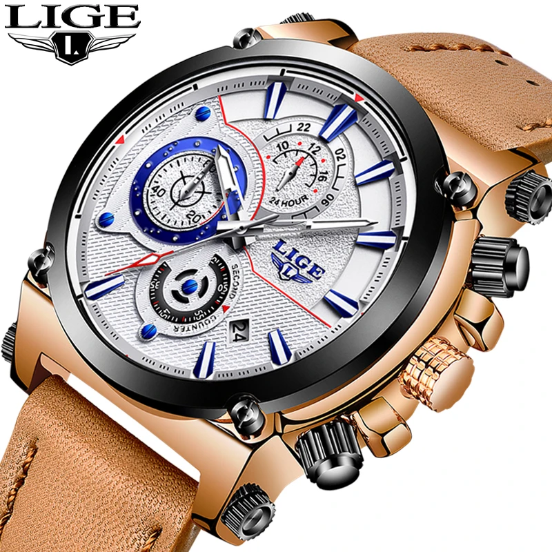 LIGE New Mens Watches Top Brand Luxury Fashion Quartz Watch Men Casual Leather Military Waterproof Sport Watch Relogio Masculino