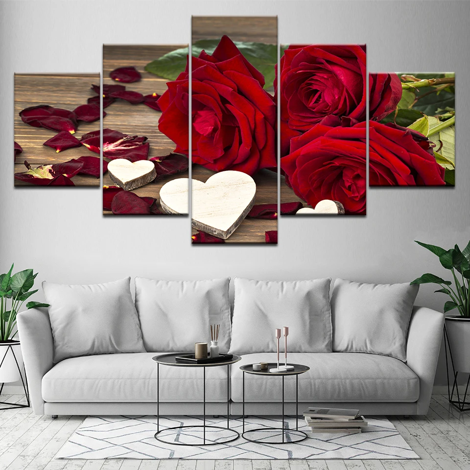 

Home Decoration HD Frame 5 Pieces/Pcs Beautiful Roses Painting Canvas Tableau Modern Print Wall Art Pictures For Living Room