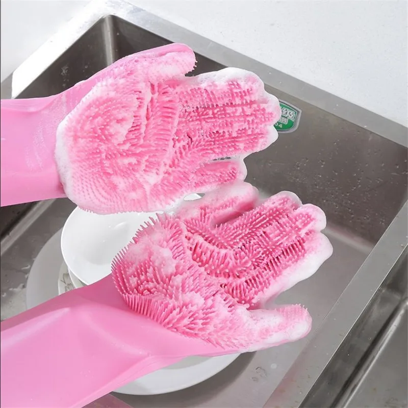 

A Pair Reusable Silicone Gloves with Wash Cleaning Dishwashing Gloves Rubber Gloves Washing Magic Silicone Dish Washing Gloves