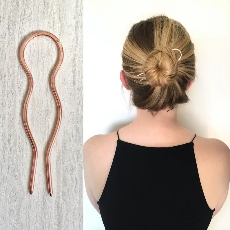 

Large Handmade Copper Hair Pin Rose Gold Bun Holder Metal Fork Simple Minimalist Silver Pick Accessories Vintage Bun Pin
