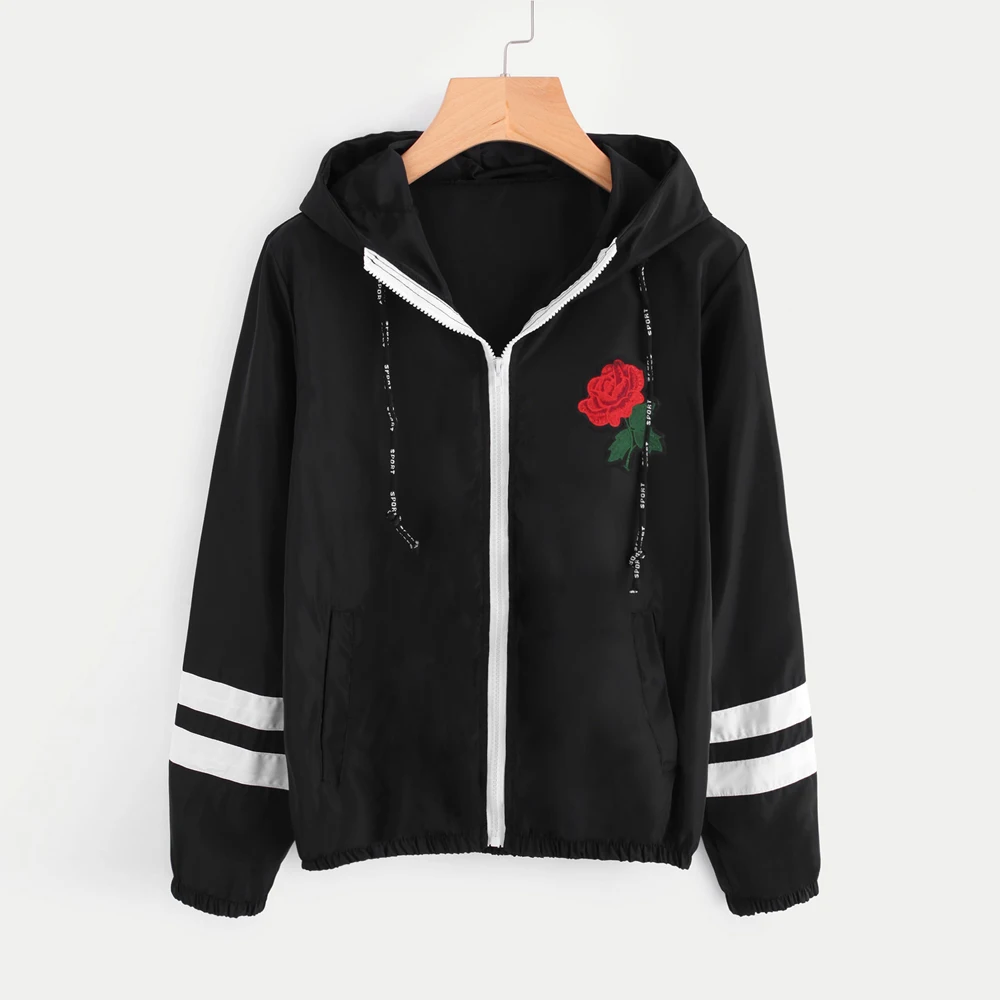 

New arrival Ladies girls jacket Women Long Sleeve Rose Thin suits Hooded Zip Floral Pockets Sport Coat cloth vetement femme