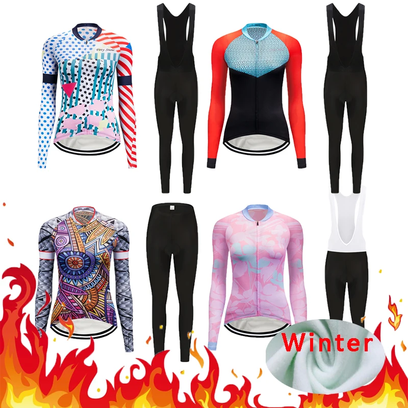 

Women Cycling Jersey Sets Winter Bicycle Outfits Kits Wear Racing Bike Clothing Suits Female Riding Clothes Cycle Maillot Dress