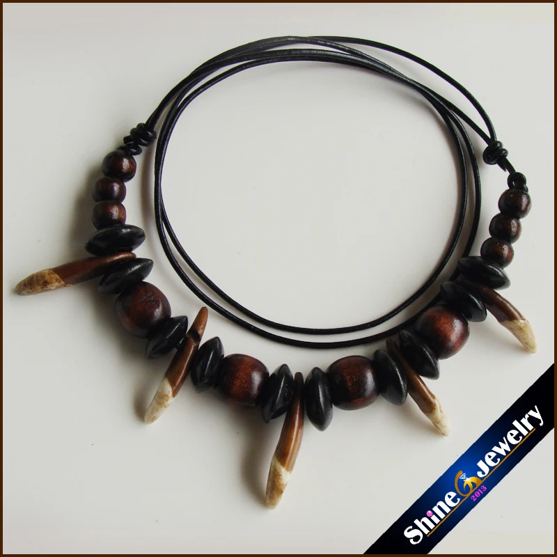 Тибетский племенной ювелирные изделия натуральный волк зубы деревянные бусы кожаное ожерелье-G104