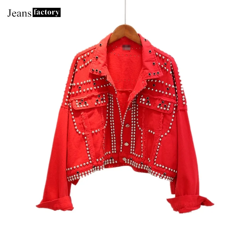 

Rivet Studded Denim Jacket Women Basic Coat Bat Sleeve Loose Outwear Female Jeans Jackets Casual Harajuku Coats Red Black blue
