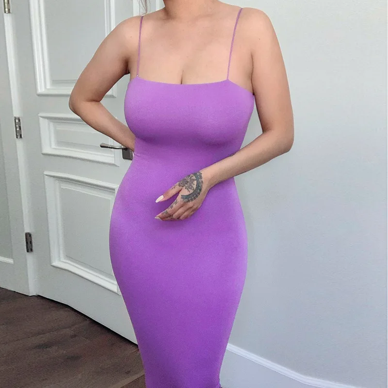 В NewAsia 2 слоя хлопок лавандового цвета платье макси Для женщин пикантные тонкие бретельки облегающее летнее платье вечерние клуб длинные платья на каждый день - Цвет: Purple