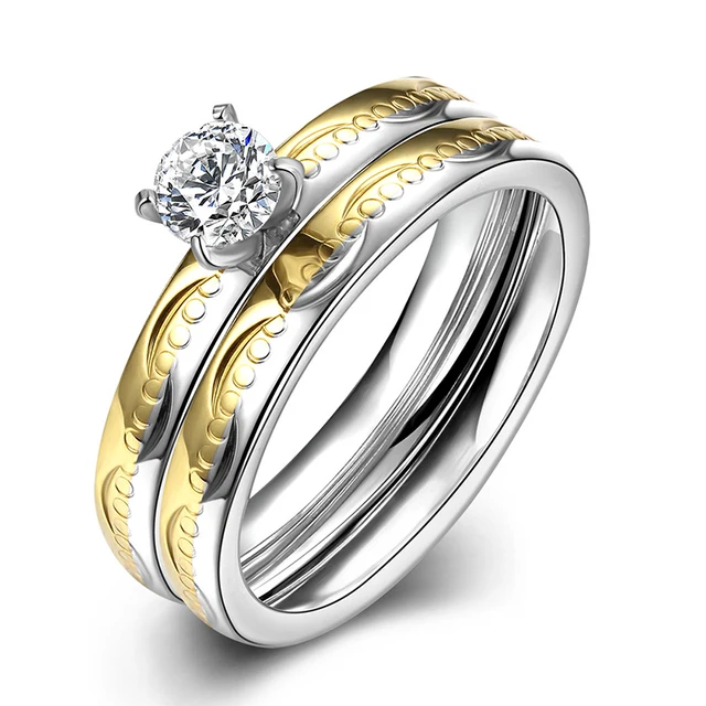 Aliexpress Fashion Anium Steel Rings For Woman Double Fashion Anium Steel Rings For Woman Double Gold Color Rhinestones Bridal Wedding Band Engagement Ring Sets