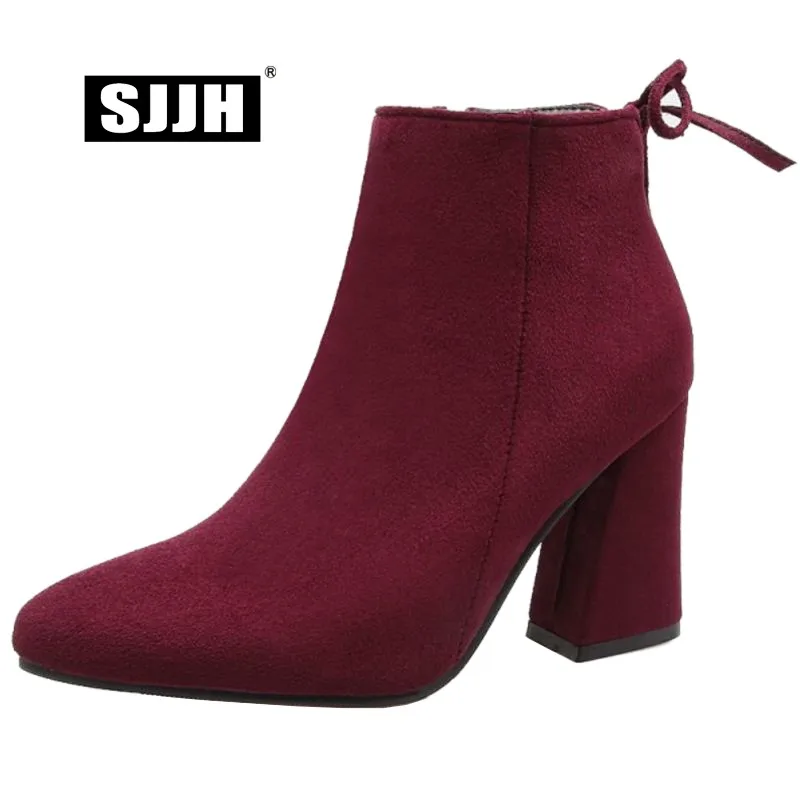 

SJJH Women Short Martin Boots with Point Toe High Chunky Stretch Fabric Short Boots Fashion Casual Elegant Shoes Large Size Q215