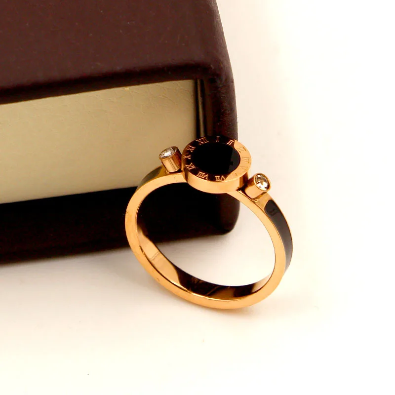 Модный бренд любовь черный круглый римские цифры палец кольцо Кристалл розовое золото цвет нержавеющая сталь для женщин свадебный подарок