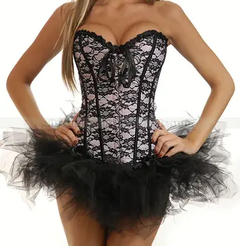 

Pink Lace Burlesque Overbust Corset Lace up Bustier Sexy Lingerie + TuTu Skirt S M L XL 2XL
